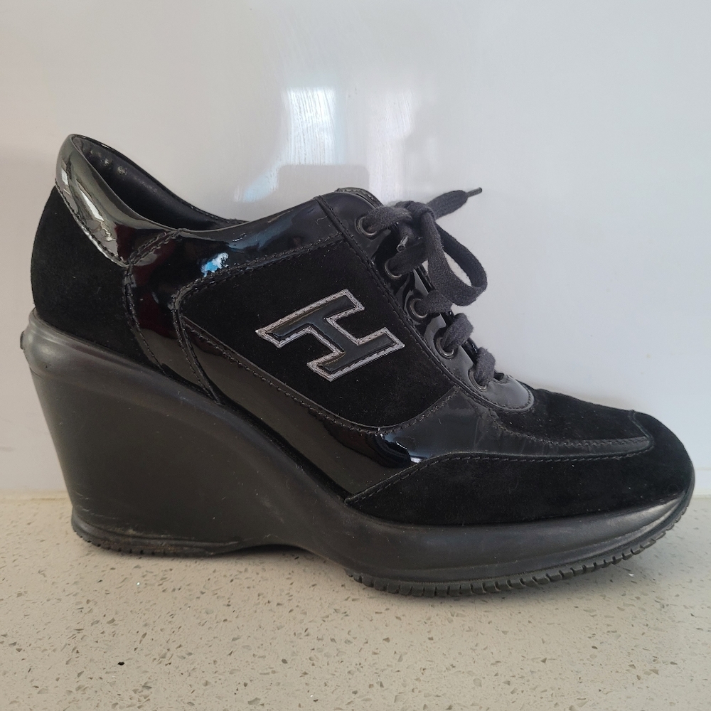 Womens Hogan Black Leather and napa Sneakers Size 38.5 / 8 Shoes